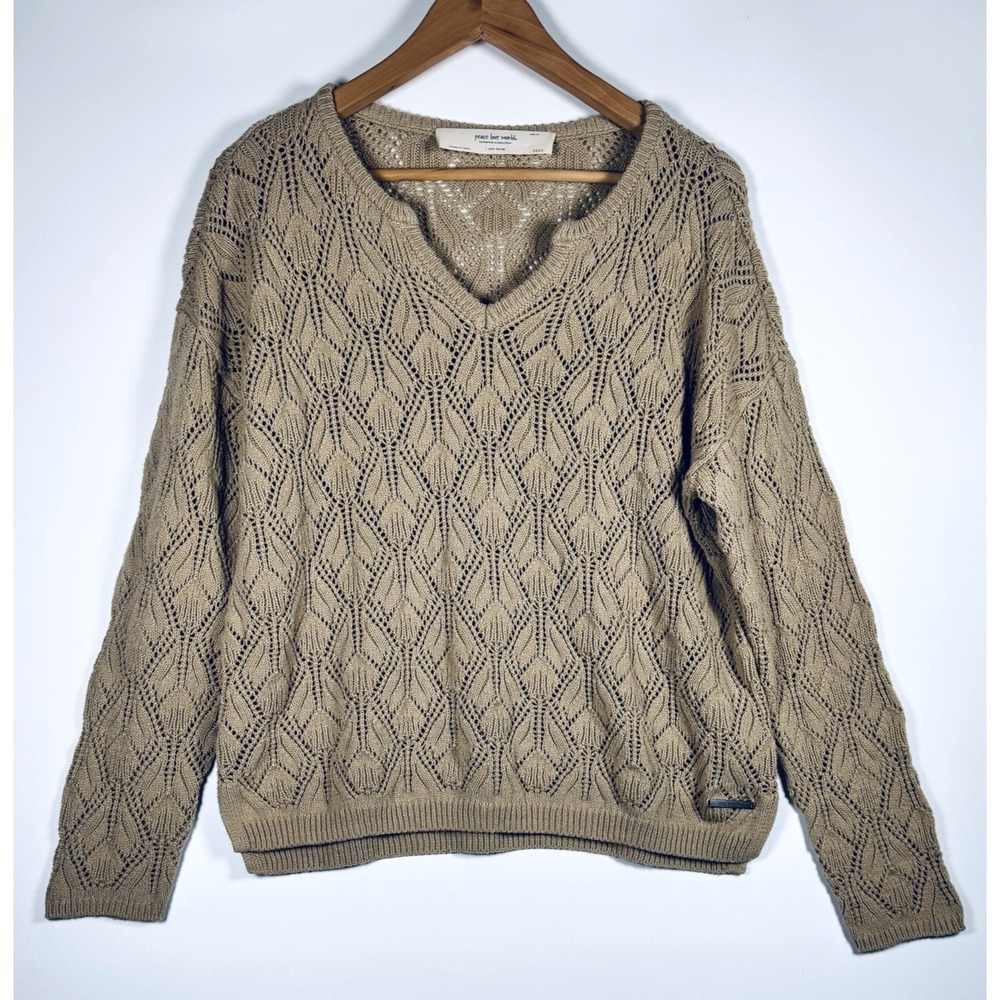Peace Love World Womens Medium Open Knit Sweater Tan V Neck Boho Pullover